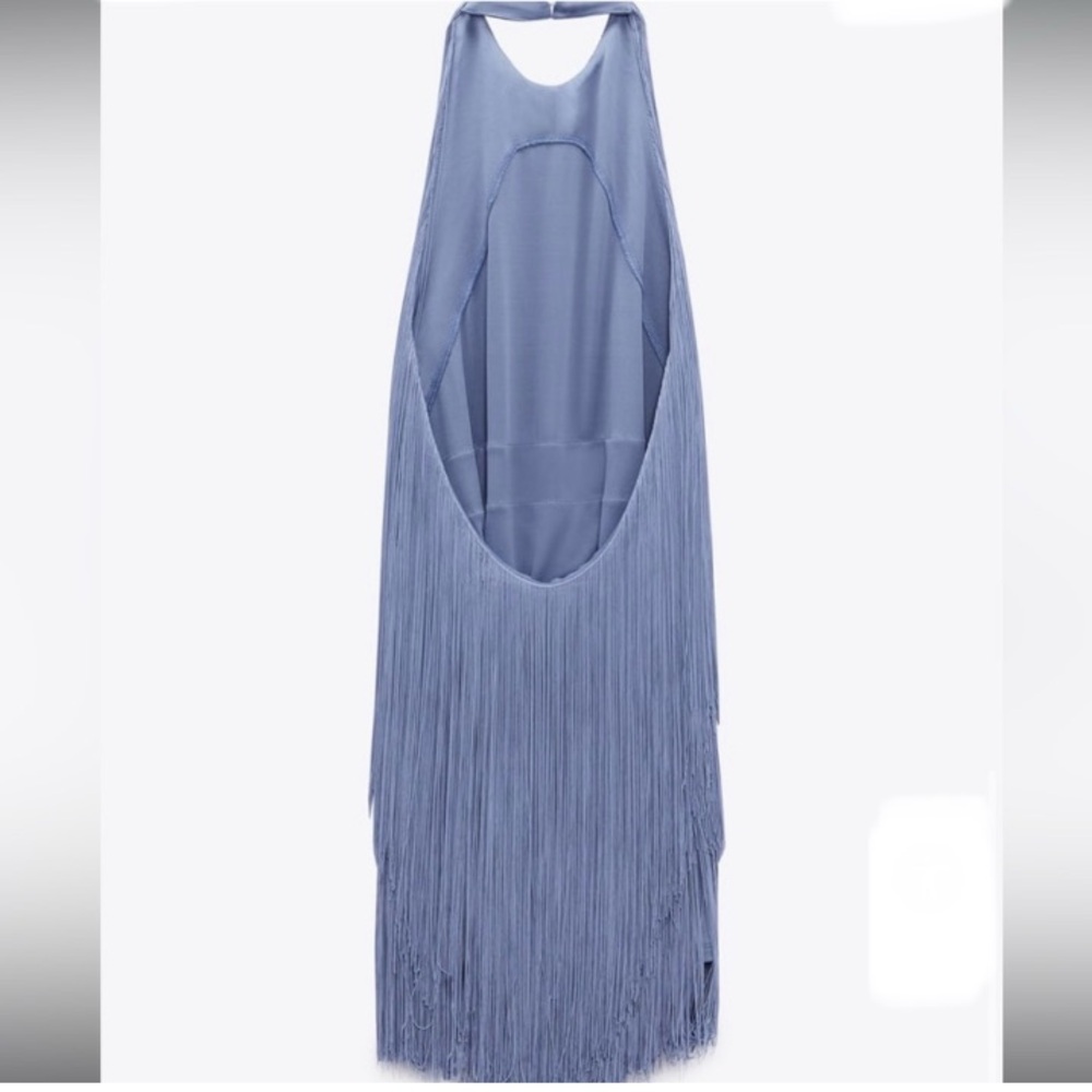 ZARA Blue Fringe Halter Mini Dress NWT - Picture 4 of 15